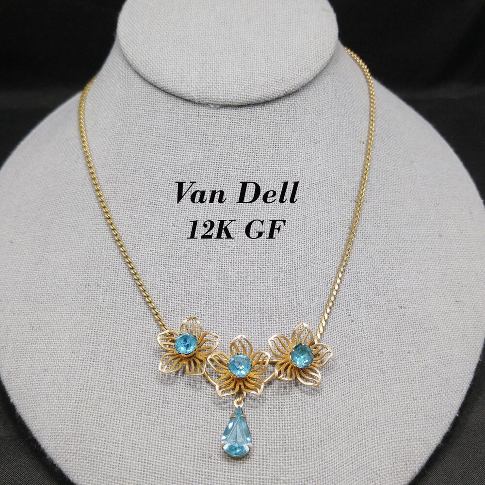 Vintage Van Dell 12K GF Turquoise Rhinestone Flower Necklace 16.5”